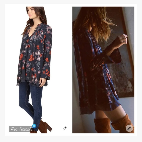 Free People Navy Floral Georgette Smocked Tunic - Picture 2 of 11